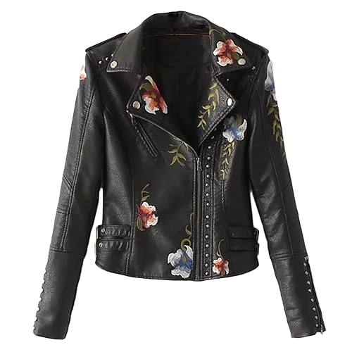 JIER Damen Revers PU Lederjacke Leather Jacket Lederoptik Jacke Kunstleder Bikerjacke Übergangsjacke Mantel Kurz mit Stickerei Outwear Coat (Schwarz,Small) von JIER-Ms. Jacke