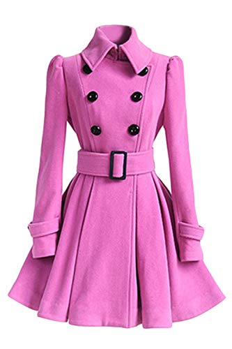JIER Zweireihig Trenchcoat Damen Vintage Revers Winter Langarm A Linie Rüschen Übergangsjacken Parka Wollmantel Mantel Kleider mit Gürtel (Rosa,xx-Large) von JIER