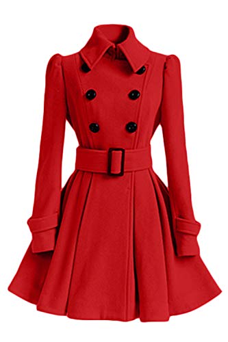 JIER Zweireihig Trenchcoat Damen Vintage Revers Winter Langarm A Linie Rüschen Übergangsjacken Parka Wollmantel Mantel Kleider mit Gürtel (Rot,small) von JIER