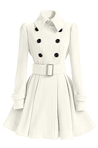 JIER Zweireihig Trenchcoat Damen Vintage Revers Winter Langarm A Linie Rüschen Übergangsjacken Parka Wollmantel Mantel Kleider mit Gürtel (Weiß,Large) von JIER