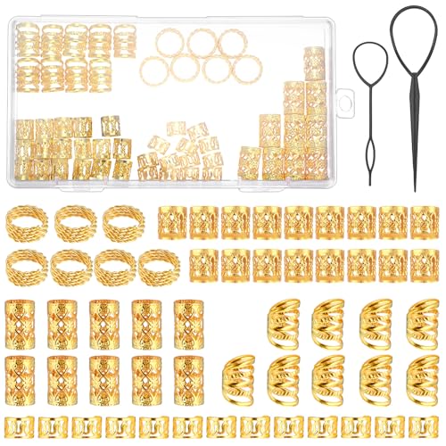 JIEYAO 110 Stück Goldener Haarschmuck für Zöpfe, Verstellbar Metallene Haar Geflecht Ringe Dreadlock Perlen Haarzopfringe Clips Haarschmuck für Dreadlocks mit 2 Twister für Herren Damen Mädchen Jungen von JIEYAO