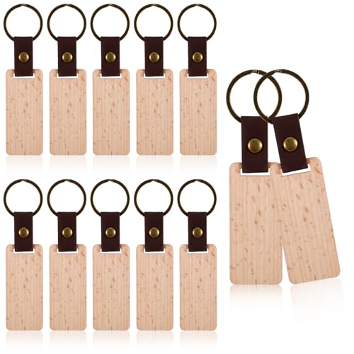 JIEYAO 12 Stück Schlüsselanhänger Holz,Blanko Schlüsselanhänger Personalisierter Leder Schlüsselanhänger Für Lasergravur Schlüsselanhänger Rohling zum DIY Bemalen Beschriften von JIEYAO