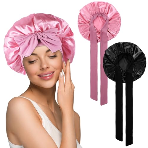 JIEYAO 2 Stück Satin Haarhaube für Damen, Doppelseitig Seidenhaube Zum Schlafen Locken Schlafhaube Haare Schützen für die Nacht Elastisch Weiche Satin Bonnet Verstellbare Bonnet Sleep Cap für Mädchen von JIEYAO
