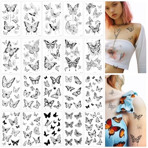 JIEYAO Schwarz schmetterling Tattoo Aufkleber, 20 Blatt Schmetterling Halloween Temporäre Fake Tattoos Wasserdicht Erwachsene 3D Realistisch Sticker Aufkleber Klebetattoos für Damen Haut Körper Arm von JIEYAO