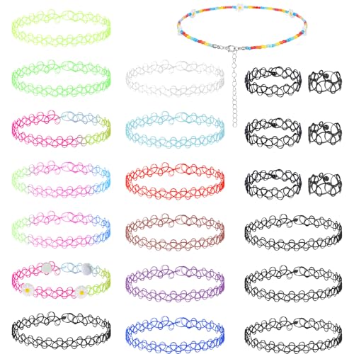 JIEYAO 23 Stück Choker Halskette Set, Stretch Tattoo Kette Elastische Halsband 17x Choker Gothic 3x Armbänder Schwarz 3x Ringe Bunte Neon Choker Kette 90er Jahre Accessoires für Mädchen Damen Kinder von JIEYAO