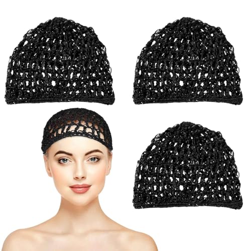 JIEYAO 3 Stück Damen Mesh Häkel Haarnetz, Haarnetz zum Schlafen Netz Häkelmütze Gestrickte Schlafmützen Weiches Häkel Dick Kurz Duschhaube Netz Mütze Schlafhaube für Frauen Mädchen von JIEYAO