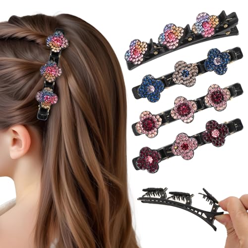 JIEYAO 4 Stück Doppelschicht Haarspange, Glitzernde Kristall-Stein Geflochtene Haarspangen mit 3 Mini Clips Kolibri Haarspange mit Kristallblume Glänzende Strass-Haarspange Haarstyling Clips für Damen von JIEYAO