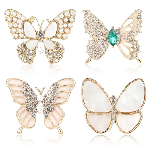 JIEYAO 4 Stück Schmetterlings Broschen für Damen, Strass Perlen Broschennadeln Modische Gold Brosche Pin Kristall Abzeichen Elegant Schal Anstecknadel Corsage Schmuck für Geschenke Kleidung Hochze von JIEYAO