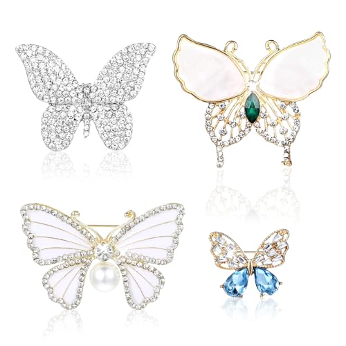 JIEYAO 4 Stück Schmetterlings Broschen für Damen, Strass Perlen Broschennadeln Modische Kristall Schmetterling Brosche Pins Elegante Anstecknadel Clip Gold Abzeichen für Schal Mantel Kleidung Hochzeit von JIEYAO