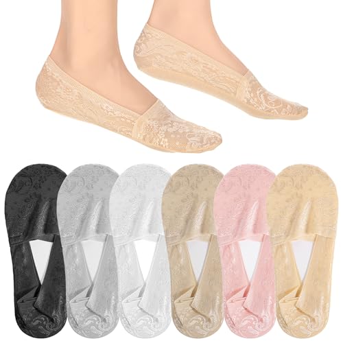 JIEYAO 6 Paar Damen Füßlinge Spitze Unsichtbare Socken, Atmungsaktiv Ballerina Socken mit Rutschfest Silikon Unsichtbare aus Spitze Damen Ballerina Füßlinge für Halbschuhe Sneakers Stöckelsc von JIEYAO
