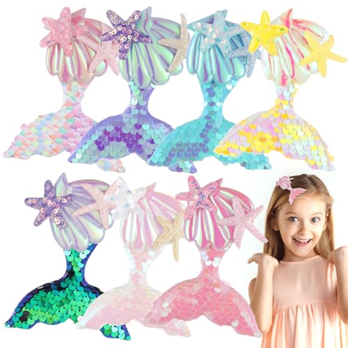 JIEYAO 7 Stück Meerjungfrau Haarspangen, Glitter Pailletten Seestern Haarschmuck Muscheln Haarspange Funkelnd Sommerzeit Haarklammern für Frauen Kleine Mädchen von JIEYAO