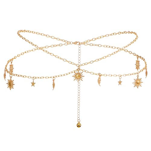 JIEYAO Doppellagige Taille Kette,Sonne Mond Sterne Verstellbare Taillenkette Gold Kettengürtel aus Metall Boho Gold Gürtel Dünne Bundkette Metallkettengürtel Für Damen Kleider Jeans(Gold) von JIEYAO