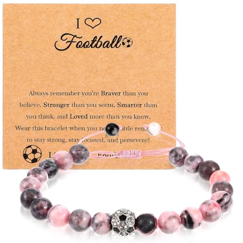 JIEYAO Fußball Armband mit Karte, Fussball Geschenke für Mädchen Fußballfan Armband Geschenk für Teenager Naturstein Fußball Schmuck Glucksbringer Geschenkideen für Tochter Schwester Freundin von JIEYAO