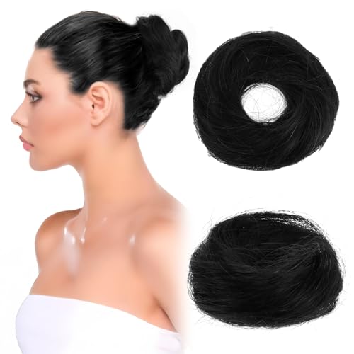 JIEYAO Haarteil Mit Gummiband, Echthaar Haarteil Haargummi Weich Dutt mit Haaren 16g Glatt Hair Bun Extensions Bun Hochsteckfrisuren Haarknoten für Damen Mädchen Pferdeschwanz(Natürliches Schwarz) von JIEYAO