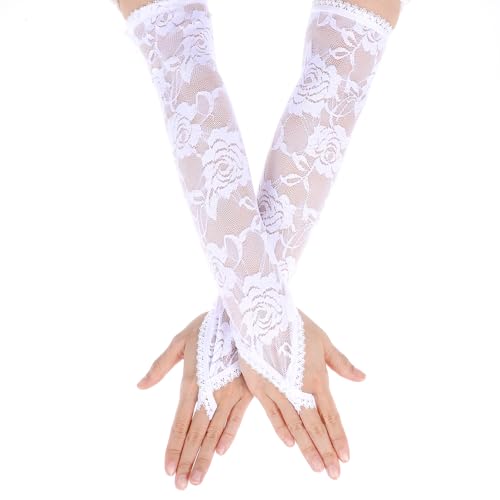 JIEYAO Lange Spitzenhandschuhe, Brauthandschuhe Fingerlose Handschuhe mit Spitze für Frauen Blumenspitze Elastisch Handschuhe Vintage Abendhandschuhe für Hochzeit Party Teeparty Opernparty Kostüm Weiß von JIEYAO