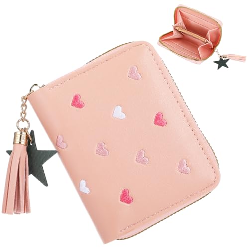 JIEYAO Süße Portemonnaie Mädchen,Kleines Portmonee Kinder PU Leder Mini Geldbeutel mit Sternquaste Anhänger und Reißverschluss Nette Herz Stickerei Geldbörse für Damen Kinder Teenager Mädchen(Rosa) von JIEYAO