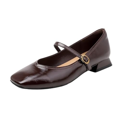 2025 Damens Mary Jane Schuhe Retro Flacher Absatz Französischer Stil Büroschuhe Bequeme Ballerinas mit Querriemen (Jujube,35) von JIFAENY