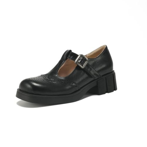 Damen Brogues High Heels Mit T-Bar-Schnalle Retro Britischer Stil Geprägte Blumenmuster 5cm Blockabsatz Für Büro Freizeit Atmungsaktives Leder (37,schwarz) von JIFAENY