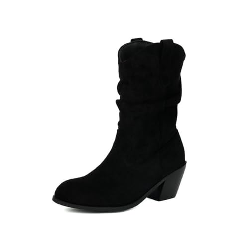Damen Mid-Calf Western Boots Round Toe Chunky Heel V-Cut Wildleder Stiefel Faltbarer Schaft Cowboy Stil Stiefel, Schwarz , 41 EU von JIFAENY