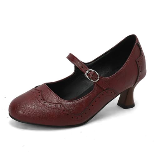 Damen Retro Brogue High Heel Schuhe Hollow Cut-Out Design mit verstellbarem Schnallenriemen British Style Schnürpumps für Herbst & Frühling, burgunderfarben, 37.5 EU Damen Retro Brogue High Heel Schuhe Hollow Cut-Out Design mit verstellbarem Schnallenriemen British Style Schnürpumps für Herbst & Frühling, burgunderfarben, 37.5 EU von JIFAENY
