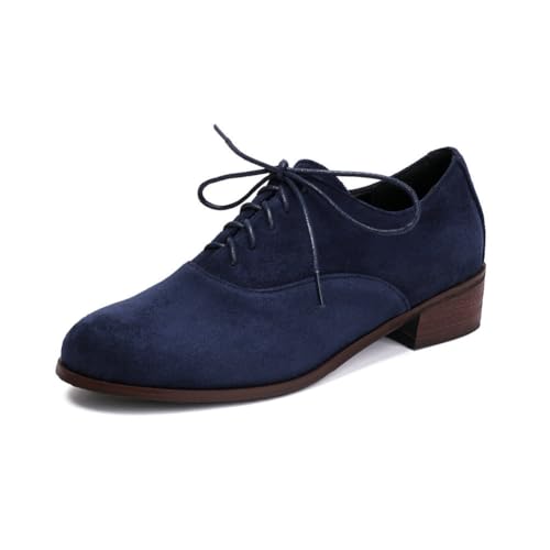 Damen Retro Brogue-Schuhe Britischer Stil Wildleder Runde Zehe Niedriger Blockabsatz Knöchelriemen Flats Vintage Oxford Schnürschuhe Freizeitschuhe für Frauen, blau, 40 EU von JIFAENY