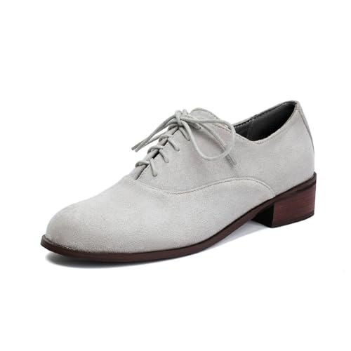 Damen Retro Brogue-Schuhe Britischer Stil Wildleder Runde Zehe Niedriger Blockabsatz Knöchelriemen Flats Vintage Oxford Schnürschuhe Freizeitschuhe für Frauen, grau, 40 EU von JIFAENY