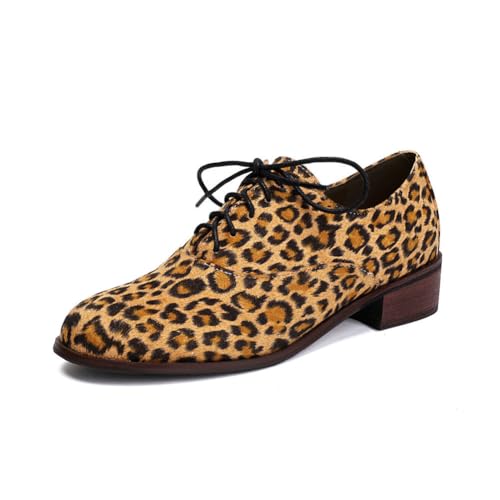 Damen Retro Brogue-Schuhe Britischer Stil Wildleder Runde Zehe Niedriger Blockabsatz Knöchelriemen Flats Vintage Oxford Schnürschuhe Freizeitschuhe für Frauen, leopardenmuster, 44 EU von JIFAENY