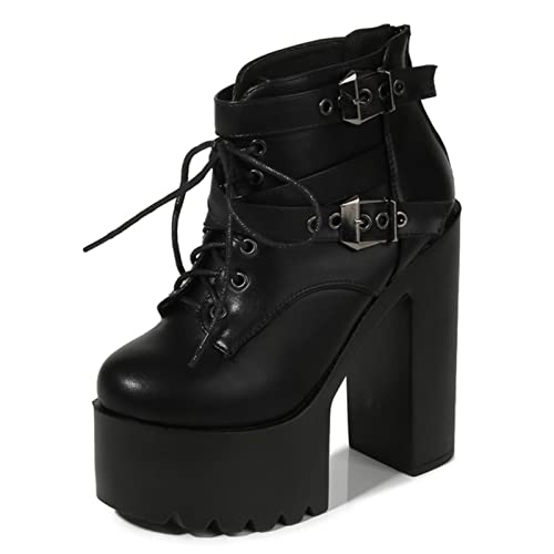 JIFAENY Block Heeled Boots Platform Chunky Boots Crude Nightclub Ankle Buckle Strap Black Shoes-Black,EU 40 von JIFAENY