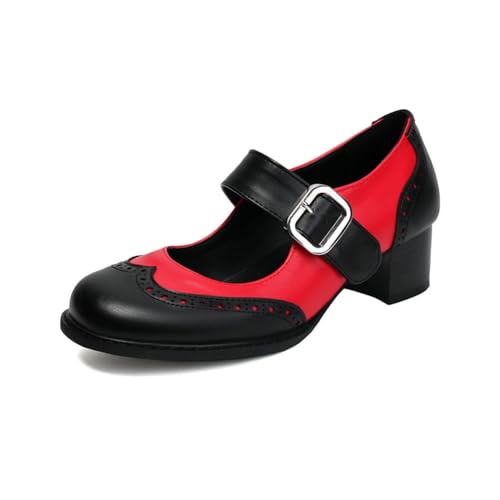 JIFAENY Damen Brogues mit Querriemen Zweifarben-Design Britischer Vintage-Stil 5cm Blockabsatz Atmungsaktive Freizeitschuhe für Frühling Herbst Vegan (38,rot) von JIFAENY