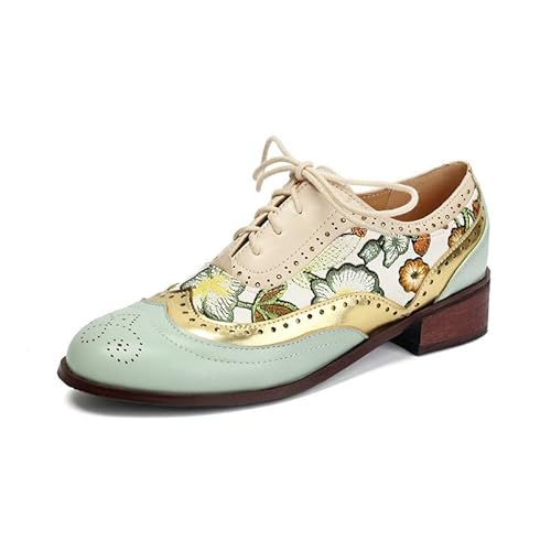 JIFAENY Damen Brogues mit Schnürung Zweifarbigem Design Retro Ethno-Stil 3cm Blockabsatz Atmungsaktive Freizeitschuhe für Frühling Herbst Vegan (38,Grün) von JIFAENY