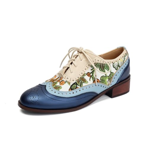 JIFAENY Damen Brogues mit Schnürung Zweifarbigem Design Retro Ethno-Stil 3cm Blockabsatz Atmungsaktive Freizeitschuhe für Frühling Herbst Vegan (40,blau) von JIFAENY
