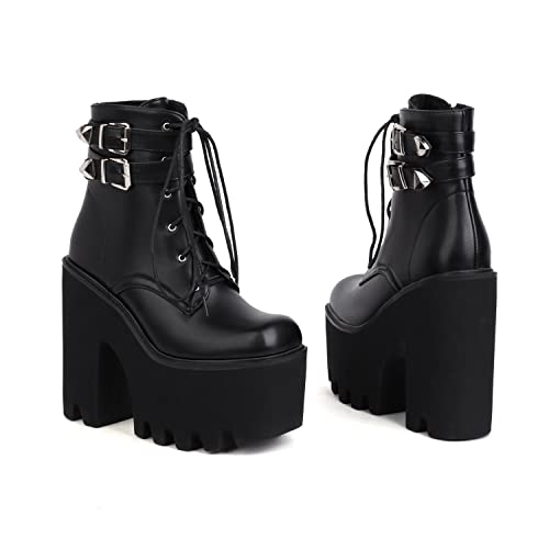 JIFAENY Damen Keil Plattform Stiefeletten Schnürung Reißverschluss Schnalle Runde-Toe High Heels Booties-Matt,6.5 von JIFAENY