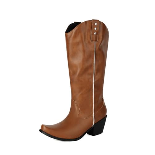 JIFAENY Damen Kniehohe Reitstiefel Quadratische Zehe Chunky Heel Schlupfstiefel Vintage Reitstiefel Weite Wade Stiefeletten, braun, 36 EU von JIFAENY