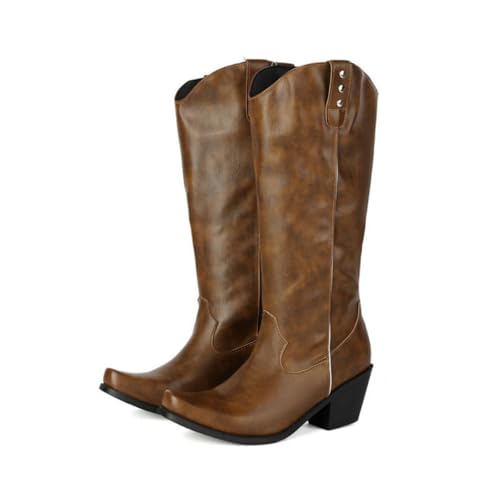 JIFAENY Damen Kniehohe Reitstiefel Quadratische Zehe Chunky Heel Schlupfstiefel Vintage Reitstiefel Weite Wade Stiefeletten, khaki, 38.5 EU von JIFAENY