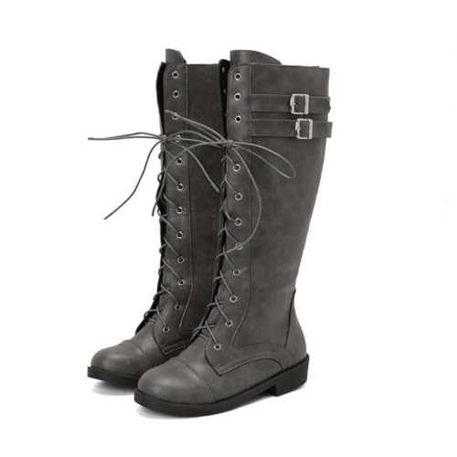 JIFAENY Damen Kniehohe Reitstiefel Runde Zehe Plateau Chunky Heel Schnürstiefeletten Vintage Schnalle Detail Lederoptik Stiefel, grau, 37.5 EU von JIFAENY