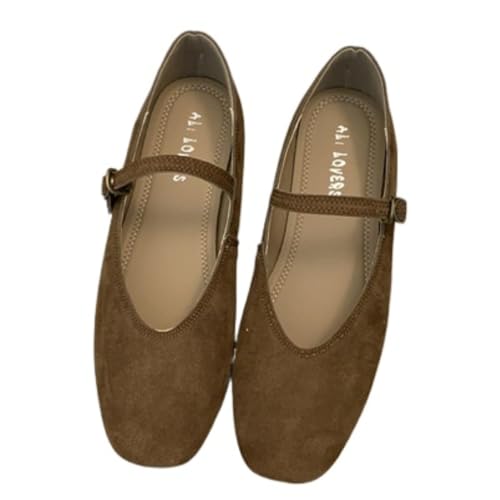 JIFAENY Damen Mary Jane Flats mit Quadratkappe Retro-Vintage-Stil Weichbett-Sohle Bequeme Freizeitschuhe für Frühling/Herbst Vegan (41,Hellbraun) von JIFAENY