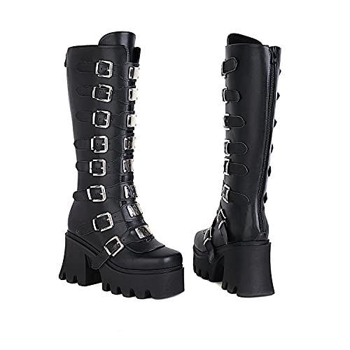 JIFAENY Damen Punk Goth Plattform Stiefel Gothic Keil Chunky Ins Motorrad Mid-Calf Combat Knie High Zipper Stiefel,Farbe: Matte,Groesse:43 EU von JIFAENY