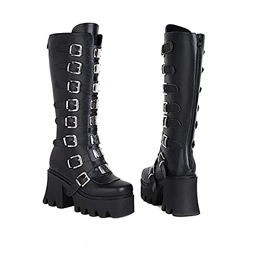 JIFAENY Damen Punk Goth Plattform Stiefel Gothic Keil Chunky Ins Motorrad Mid-Calf Combat Knie High Zipper Stiefel-Matt,38 EU von JIFAENY