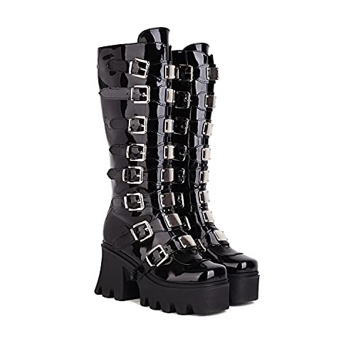 JIFAENY Damen Punk Goth Plattform Stiefel Gothic Keil Chunky Ins Motorrad Mid-Calf Combat Knie High Zipper Stiefel,Farbe:Patent leather,Groesse:43 EU von JIFAENY