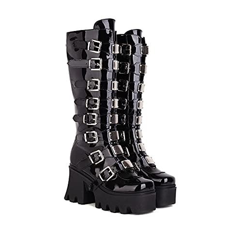 JIFAENY Damen Punk Goth Plattform Stiefel Gothic Keil Chunky Ins Motorrad Mid-Calf Combat Knie High Zipper Stiefel-Patent leather,44 EU von JIFAENY