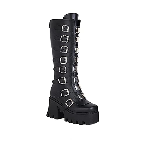 JIFAENY Damen Punk Goth Plattform Stiefel Gothic Keil Chunky Ins Motorrad Mid-Calf Combat Knie High Zipper Stiefel-schwarz matt-37 von JIFAENY