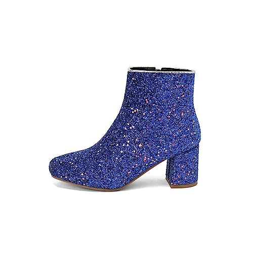 JIFAENY Damen Stiefeletten Mode dicke High Heels Frauen Runde Zehe Winterstiefel Silber blau weibliche Chelsea Booties, balu, 40 EU von JIFAENY