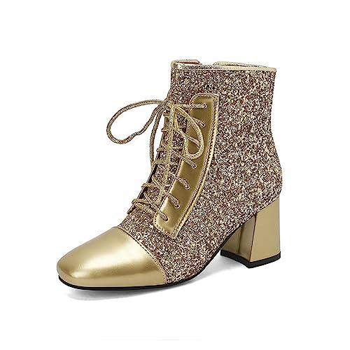 JIFAENY Damen Stiefeletten mit glitzerndem Gold quadratischer Zehenbereich dicker hochhackiger Schnür Reißverschlussstiefel silberfarbene Bling Bling Schuhe Gold,EU 37 von JIFAENY