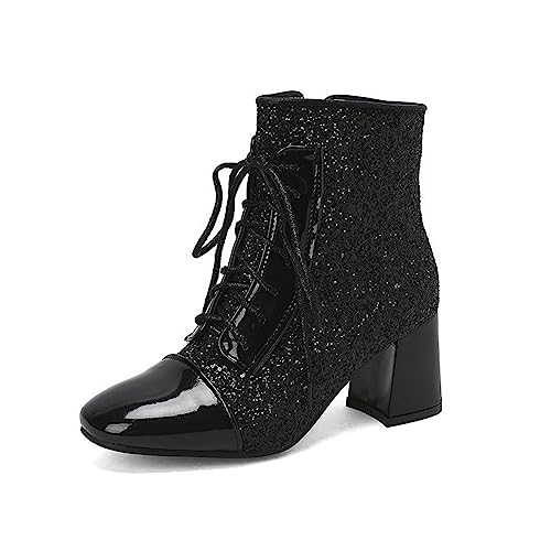 JIFAENY Damen Stiefeletten mit glitzerndem Gold quadratischer Zehenbereich dicker hochhackiger Schnür Reißverschlussstiefel silberfarbene Bling Bling Schuhe schwarz,EU 42 von JIFAENY
