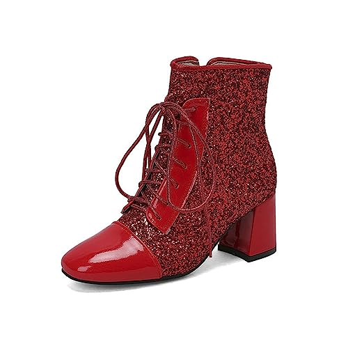 JIFAENY Damen Stiefeletten mit glitzerndem Gold quadratischer Zehenbereich dicker hochhackiger Schnürstiefel mit Reißverschluss silberfarbene Bling Bling Schuhe rot,EU 43 von JIFAENY