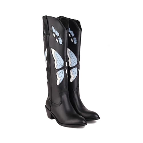 JIFAENY Damen Western Cowboy Bestickte Schmetterling Kniehohe Stapelabsatz Reitstil Stiefel mit Innenkissen, schwarz und blau, 39.5 EU JIFAENY Damen Western Cowboy Bestickte Schmetterling Kniehohe Stapelabsatz Reitstil Stiefel mit Innenkissen, schwarz und blau, 39.5 EU von JIFAENY