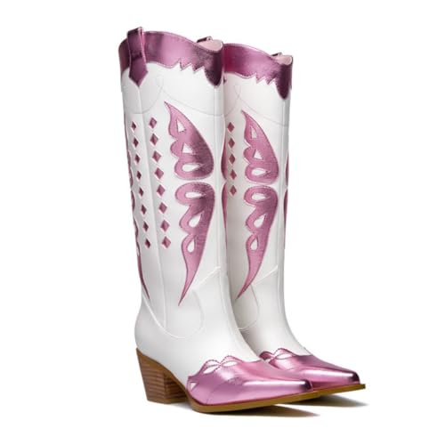 JIFAENY Damen Western Stiefel Cowboystiefel Pink Zweifarben Blockabsatz Seitlicher Reißverschluss Kniehoch Lederoptik Bequem Herbst Winter (Farbe des Anzugs,38) von JIFAENY