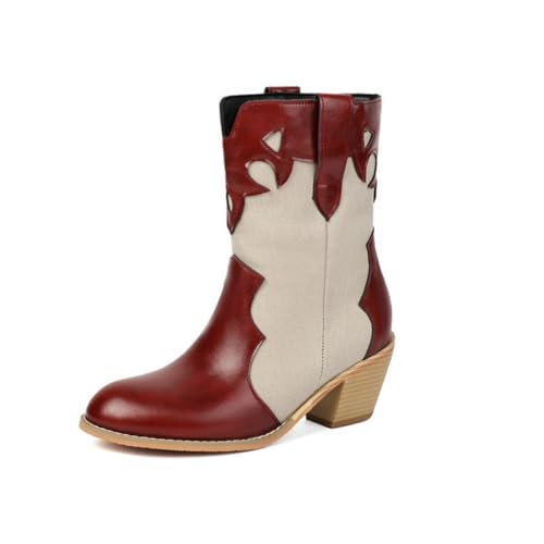 JIFAENY Damen Western Stiefeletten Runde Zehen Chunky Heel Stiefel Zweifarbige Pull-on Cowboystiefel, burgunderfarben, 37.5 EU von JIFAENY