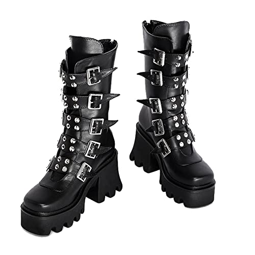 JIFAENY Damen Winter Schwarz Gothic Punk Plattform Stiefel Damen Goth Schnalle Zipper Creeper Keile Mid-Calf Schuhe-10,Schwarz von JIFAENY