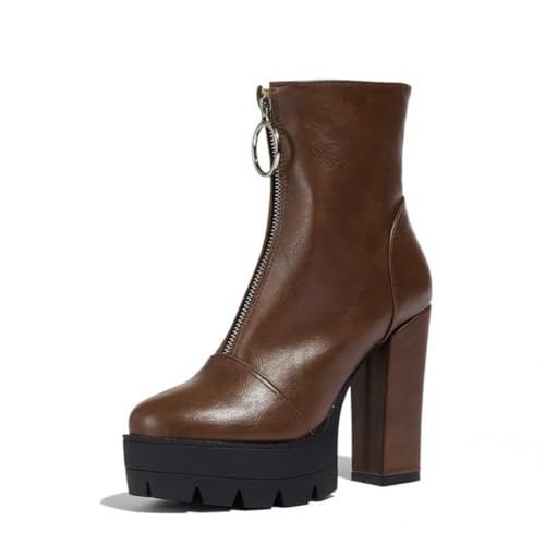 JIFAENY Damens Chelsea Boots 2025 Plateau-Sohle mit Profil 8 cm Absatz Wasserdicht Seitlicher Reißverschluss Modische Knöchelstiefel Bequem Stilvoll (Braun,36) von JIFAENY